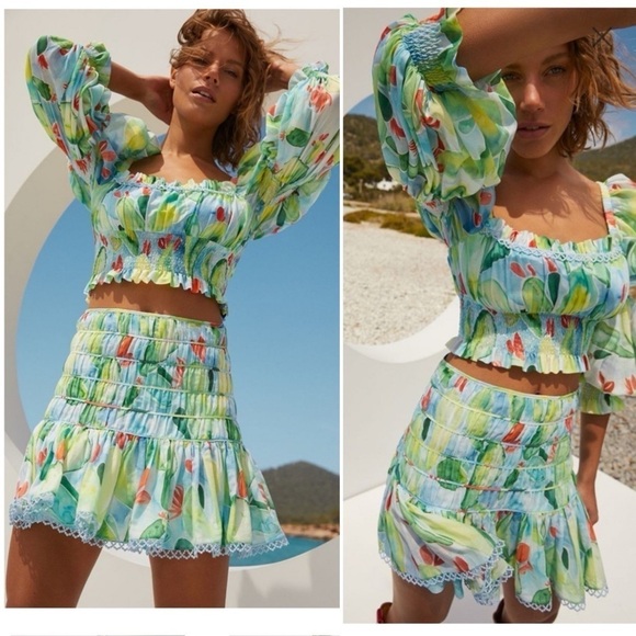 Charo Ruiz Ibiza Brisa Top NWT XS Long Sleeve Cropped Puff sleeve New Green Blue - Picture 1 of 15